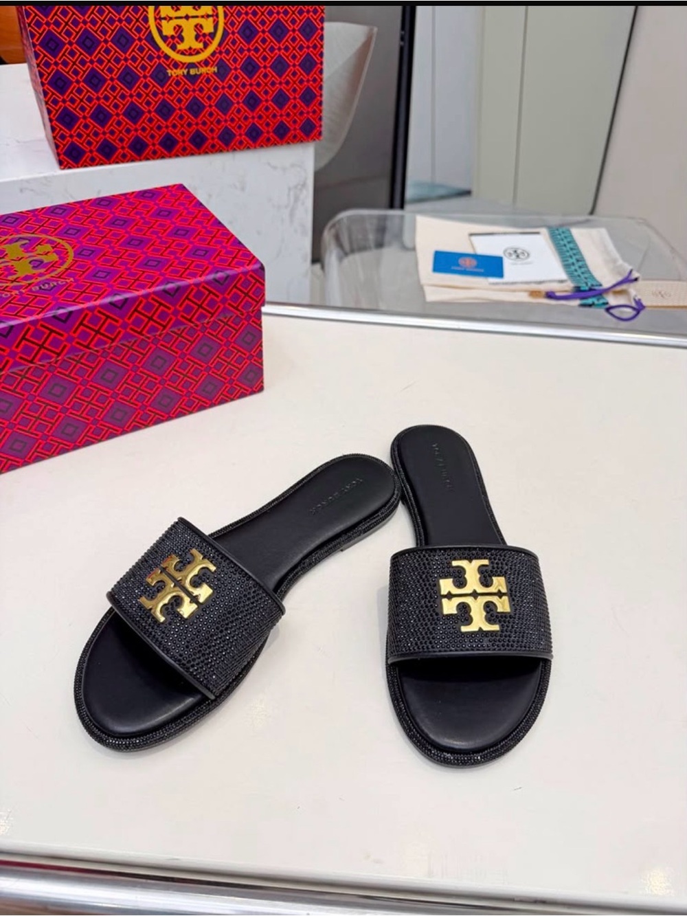 Black Slide Sandals with Gold Logo Accent